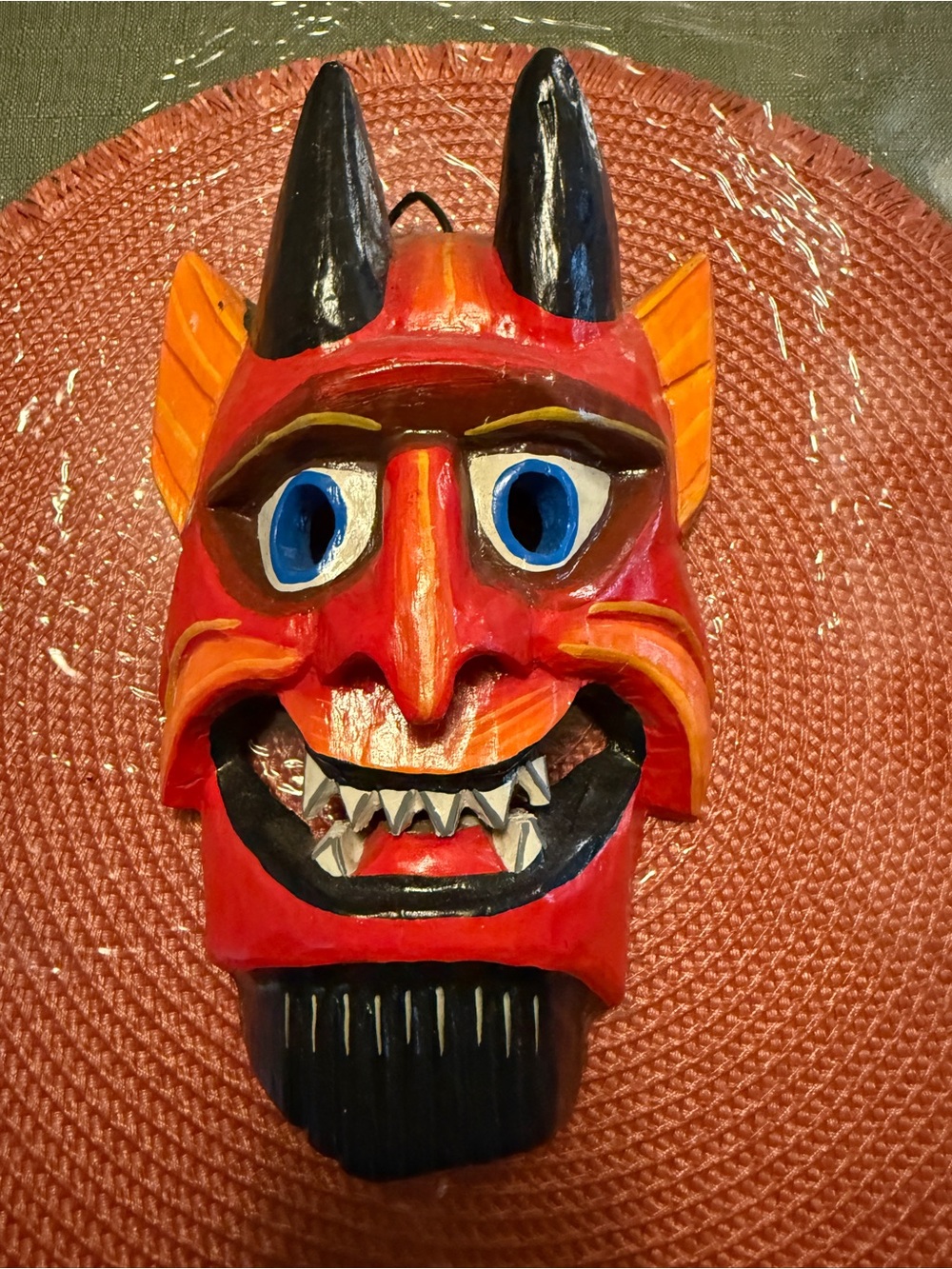 Handcrafted Red Devil Wall Mask Sculpture - Decorative Home Art 9.5 H X 6 W